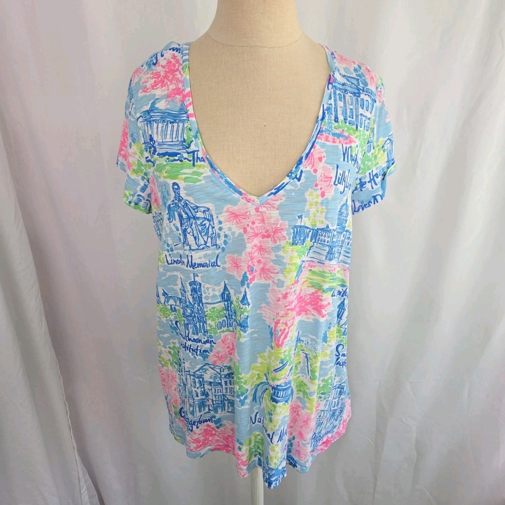 Lilly Pulitzer Lilly Loves DC Pink Blue Cotton Etta Short Sleeve T-shirt Size L